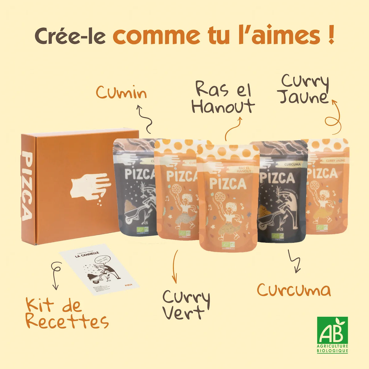 Présentation du coffret Pizca contenant 5 épices bio : Cumin, Ras el Hanout, Curry Jaune, Curry Vert, Curcuma et un kit de recettes.