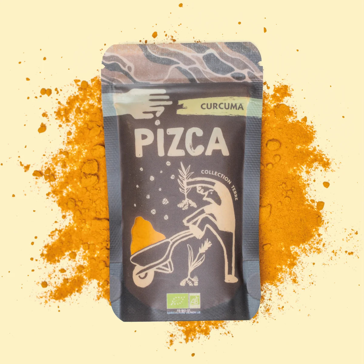 Sachet de 35g de curcuma moulu Bio Pizca sur fond de poudre de curcuma