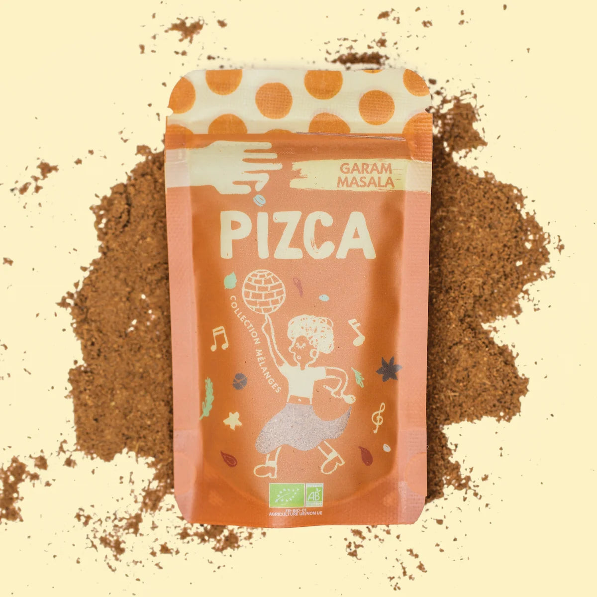 Sachet de 35g de Garam Masala moulu Bio Pizca sur fond de poudre de Garam Masala