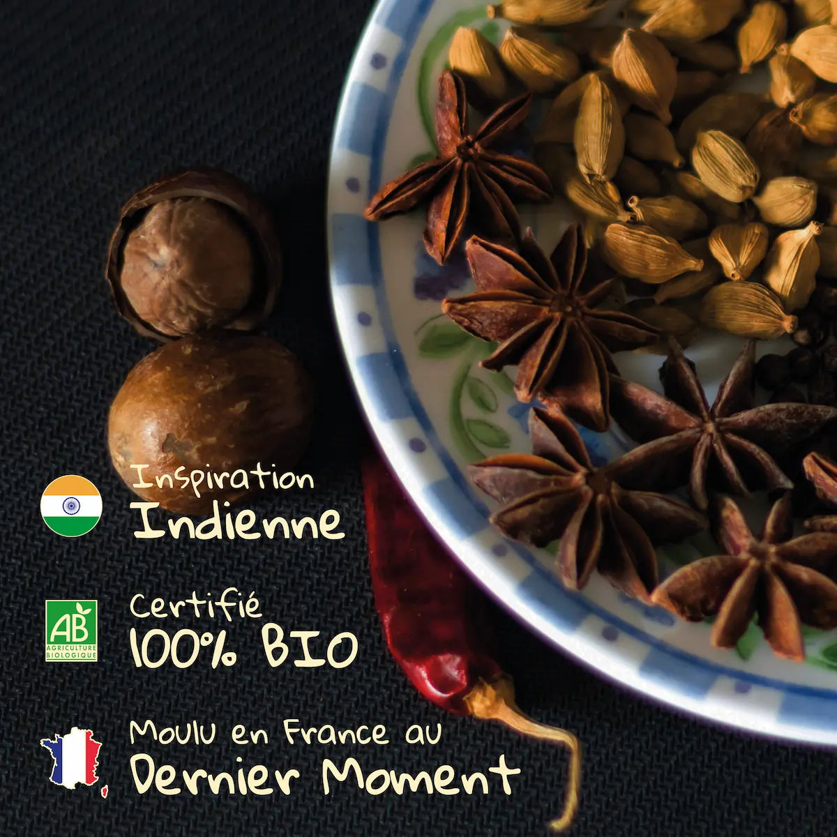 Mélanges d'épices d'Inde utilisé pour le garam masala moulu Pizca, 100% Bio et moulu en France