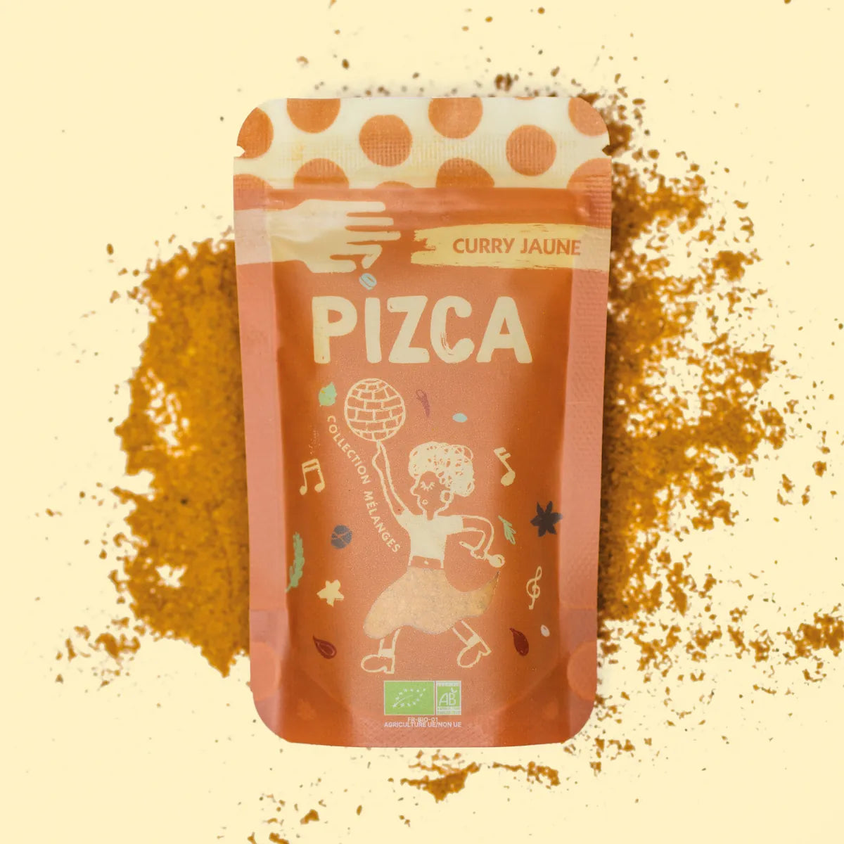 Sachet de 35g de Curry Jaune moulu Bio Pizca sur fond de poudre de Curry Jaune