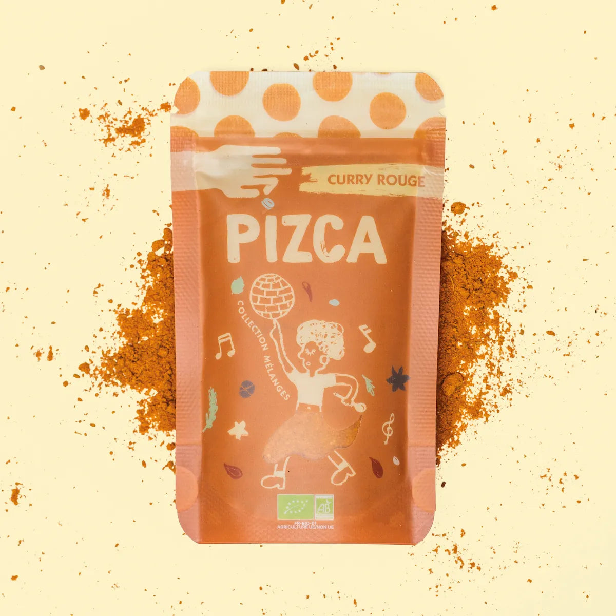 Sachet de 35g de Curry Rouhe moulu Bio Pizca sur fond de poudre de Curry Rouge