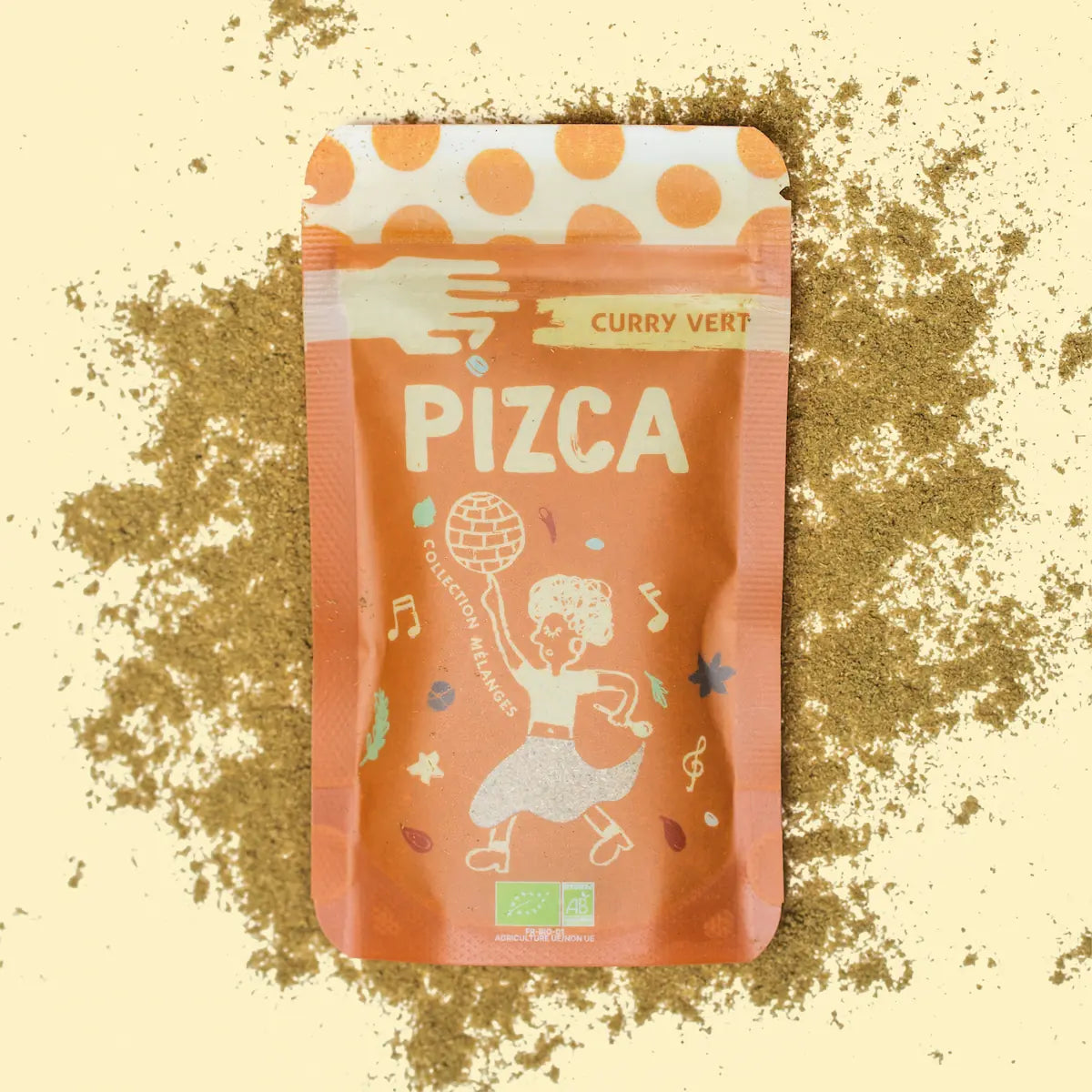 Sachet de 35g de Curry Vert moulu Bio Pizca sur fond de poudre de Curry Vert