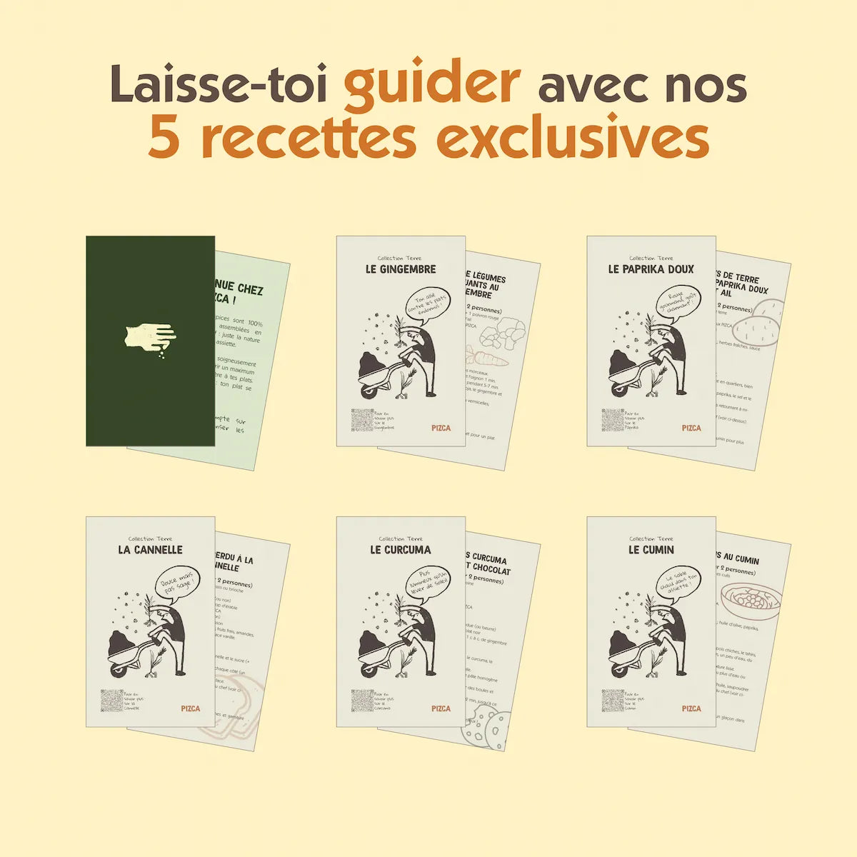 Aperçu des 5 fiches recettes exclusives incluses dans le coffret Pizca pour apprendre à cuisiner le gingembre, le paprika doux, la cannelle, le curcuma et le cumin