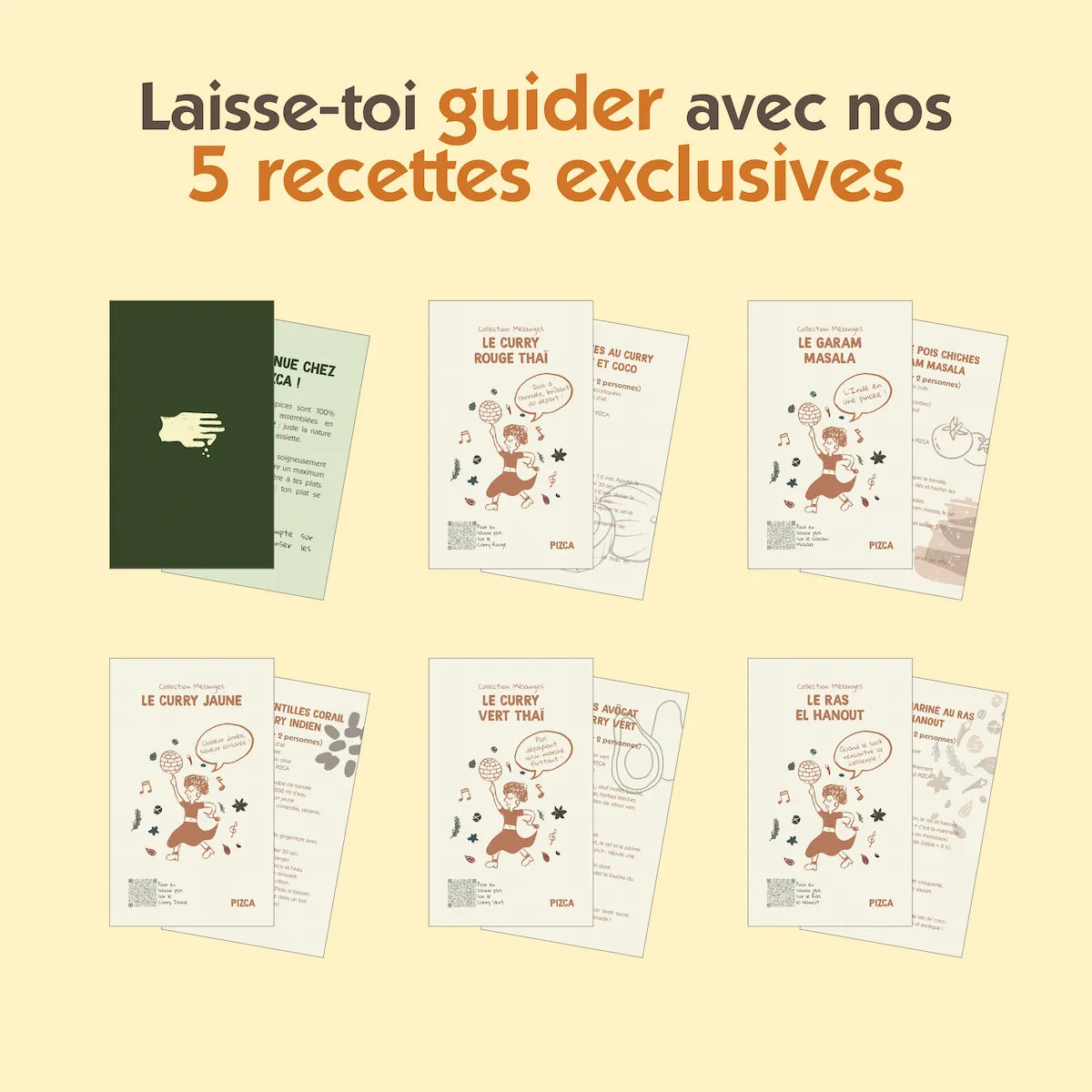 Aperçu des 5 fiches recettes exclusives incluses dans le coffret Pizca pour apprendre à cuisiner le curry rouge, le garam masala, le curry jaune, le curry vert et le ras el hanout
