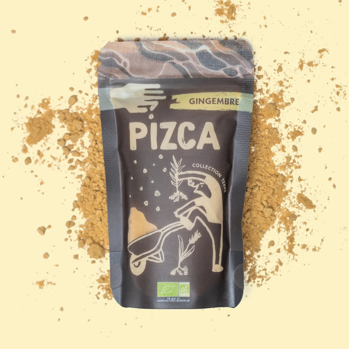 Sachet de 35g de gingembre moulu Bio Pizca sur fond de poudre de gingembre