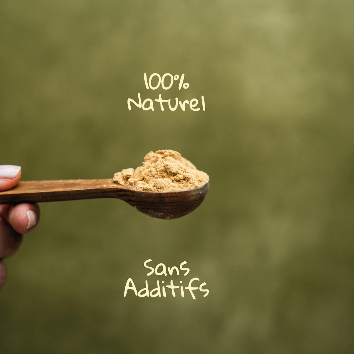 Cuillère en bois de gingembre moulu 100% naturel et sans additifs Pizca sur fond vert