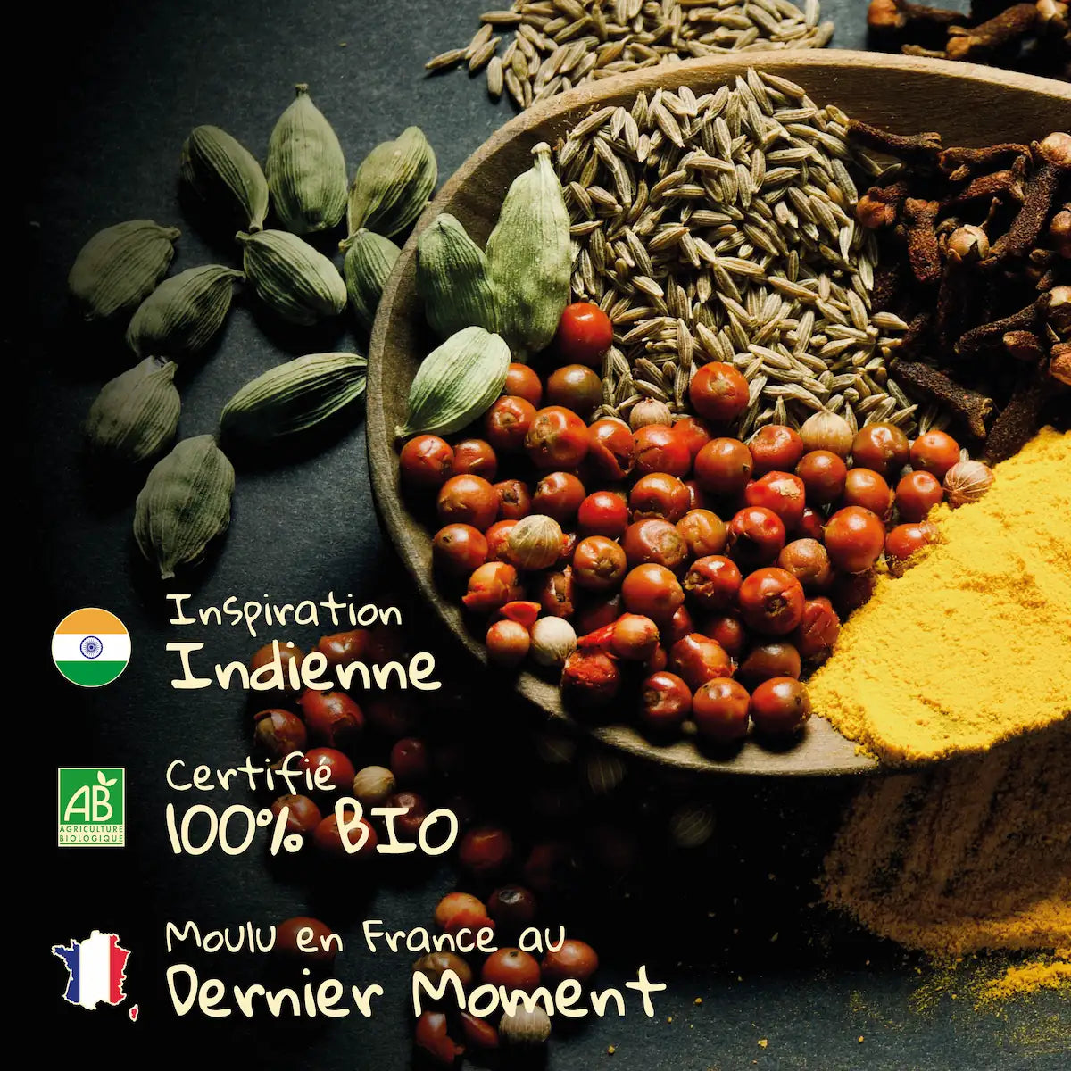 Mélanges d'épices d'Inde utilisé pour le curry jaune moulu Pizca, 100% Bio et moulu en France